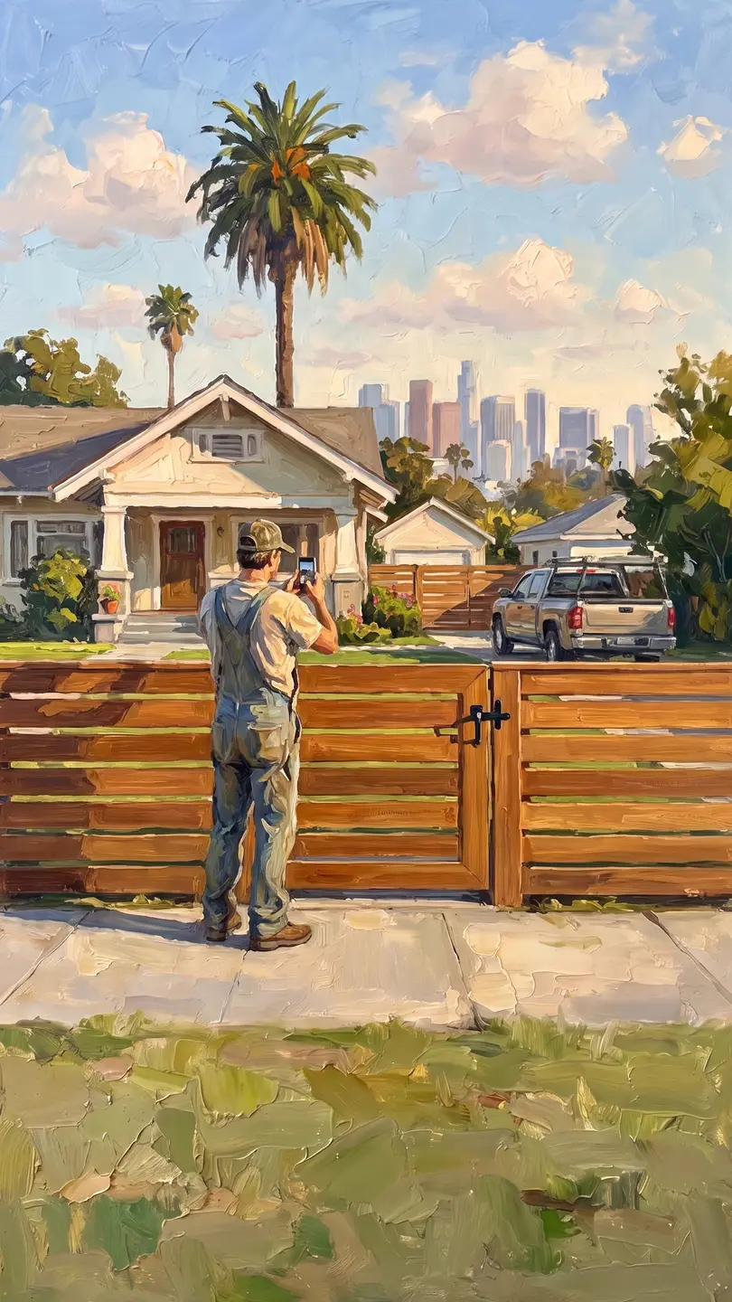 He photographs his own new fence as a work truck pulls away