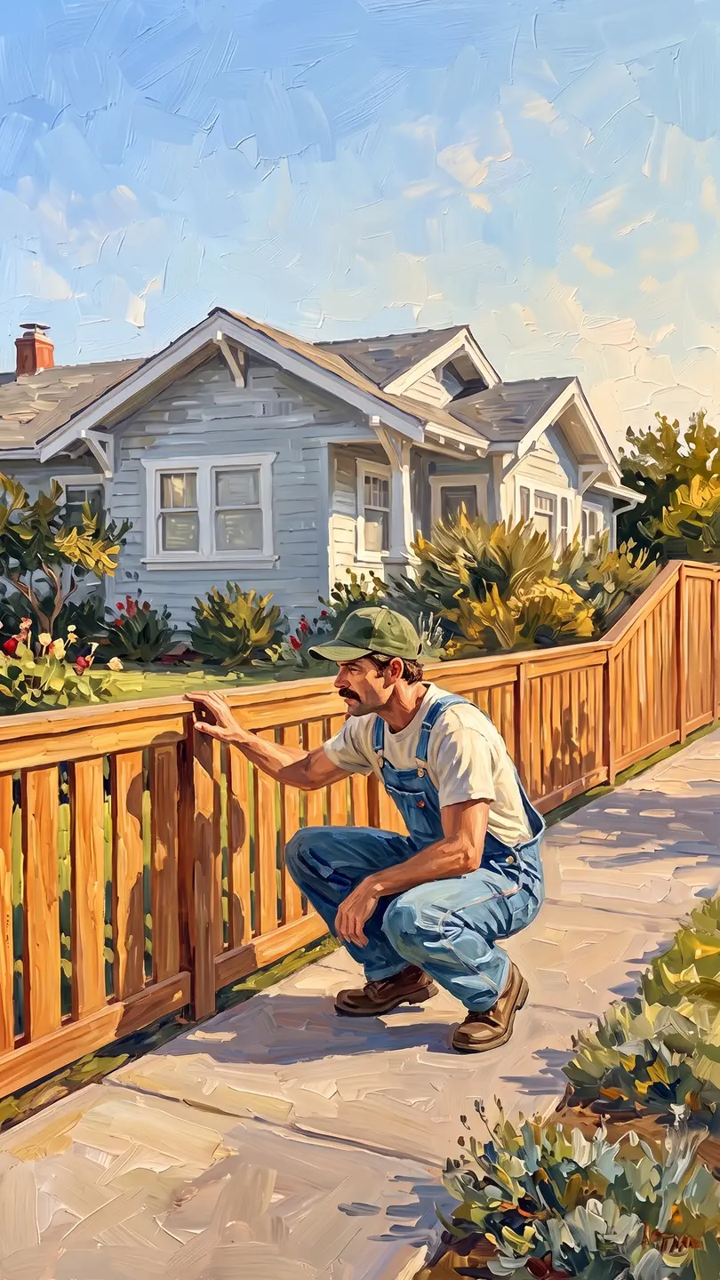He crouches at a neighbor's new fence, looking at the woodwork