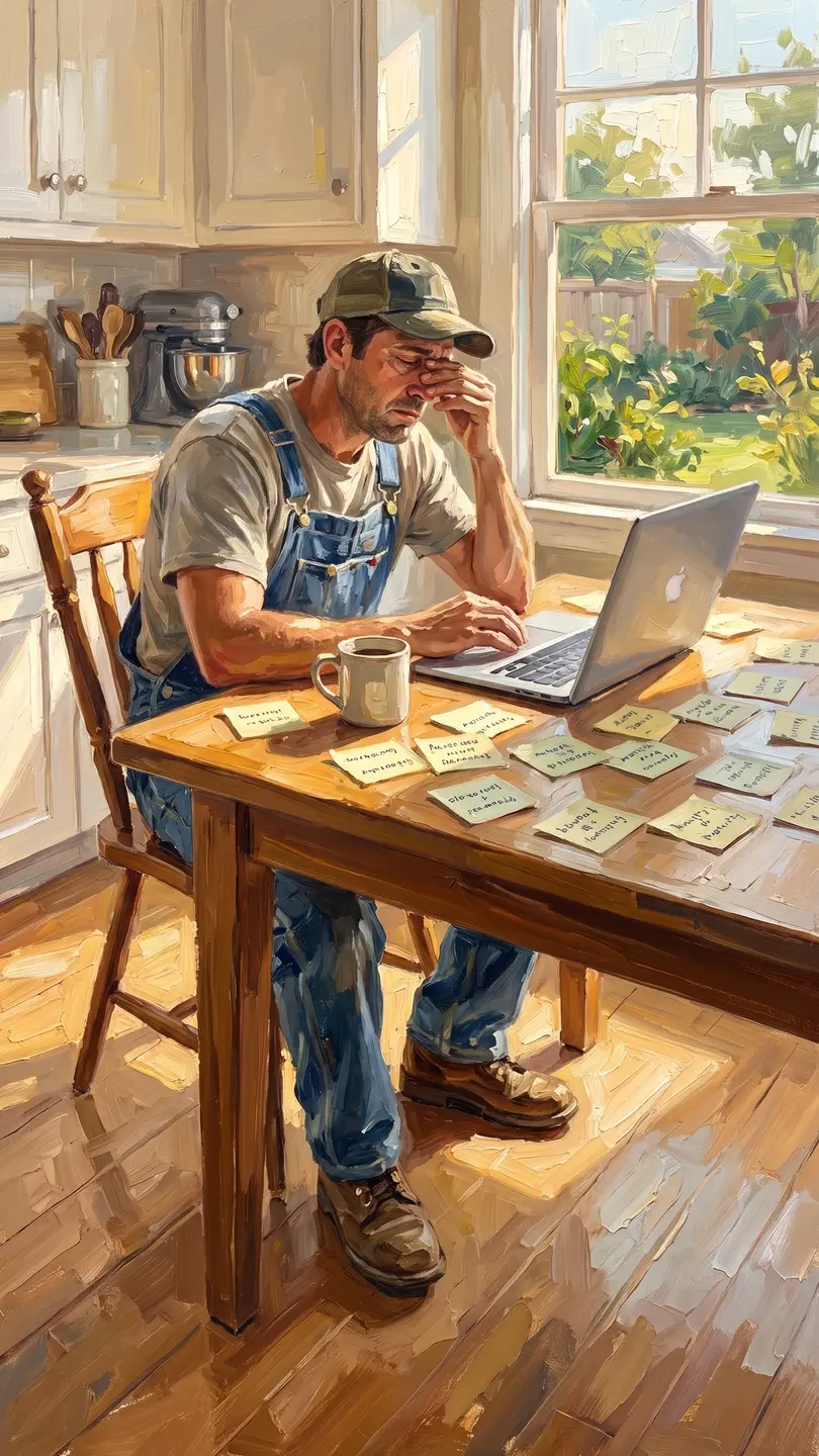 The same man at his kitchen table, laptop open, sticky notes everywhere