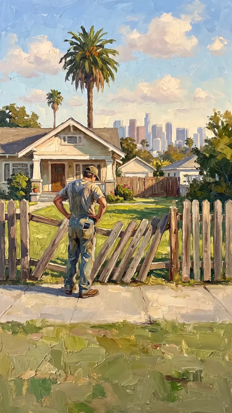 A man in a yard, looking at his leaning fence